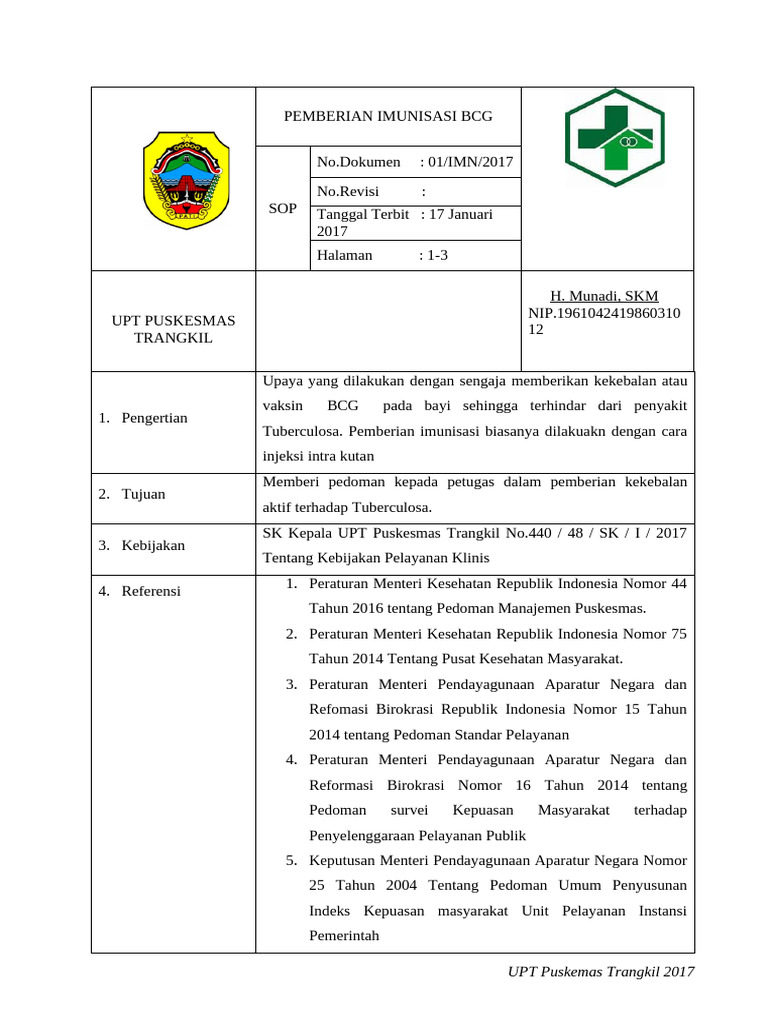 SOP Pemberian Imunisasi BCG Bayi | PDF