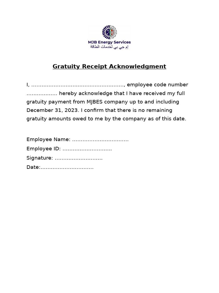 Gratuity Receipt Acknowledgment Form | PDF