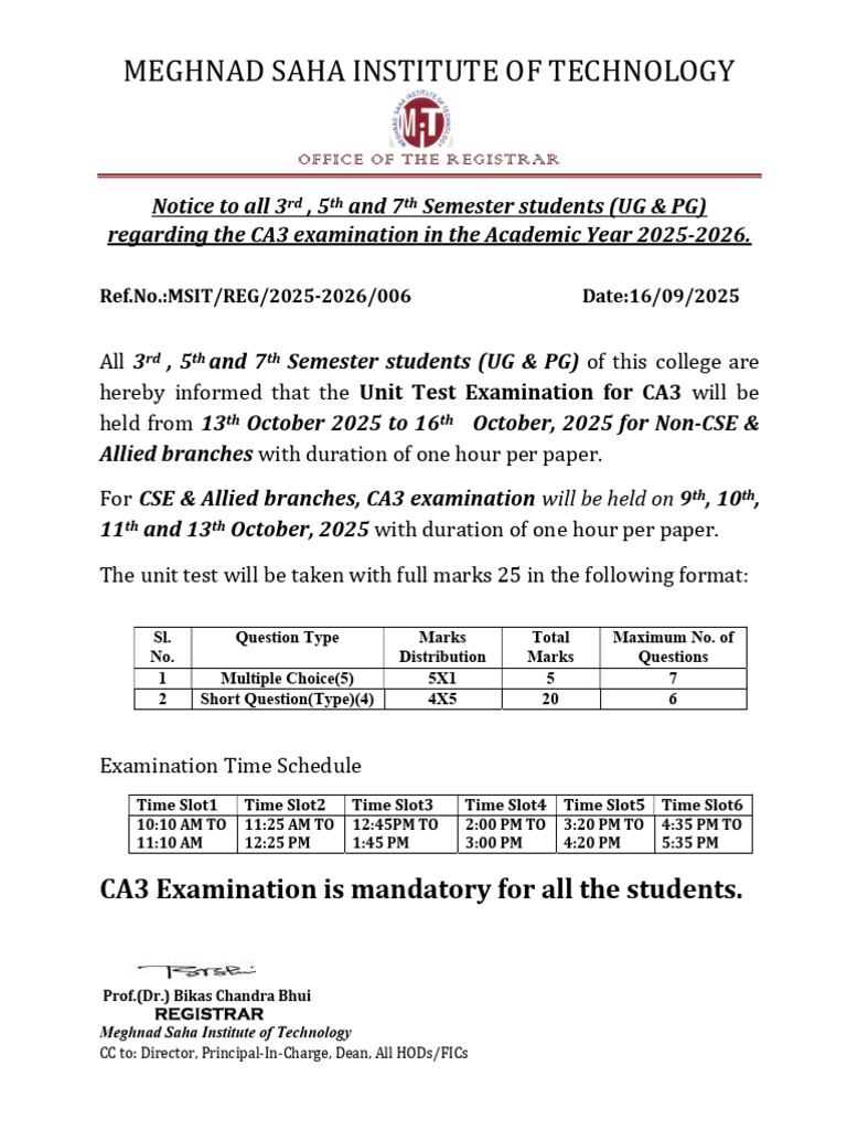 CA3 Exam Notice for UG & PG Students | PDF