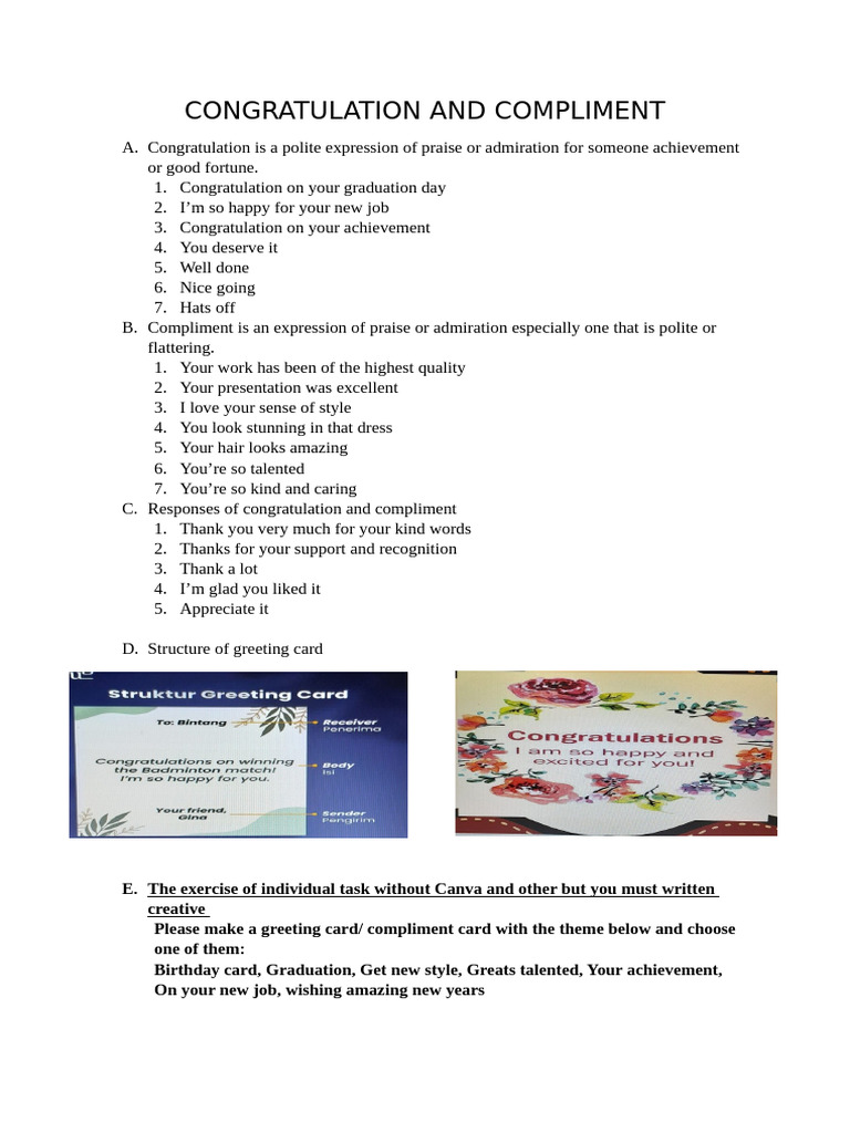 Congratulation and Compliment Task 1 | PDF