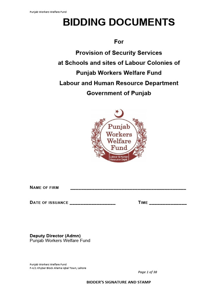 Security Services Bid for PWWF Lahore | PDF | Taxes | Minimum Wage