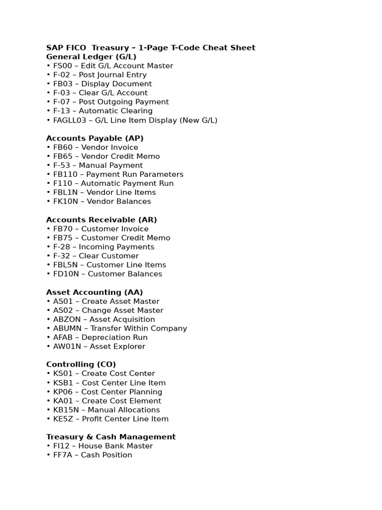 SAP FICO T-Code Cheat Sheet | PDF
