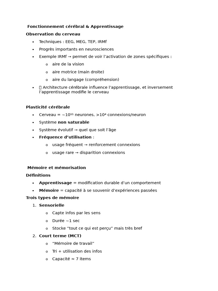 Neurosciences et Mécanismes d'Apprentissage | PDF | Mémoire | Cerveau