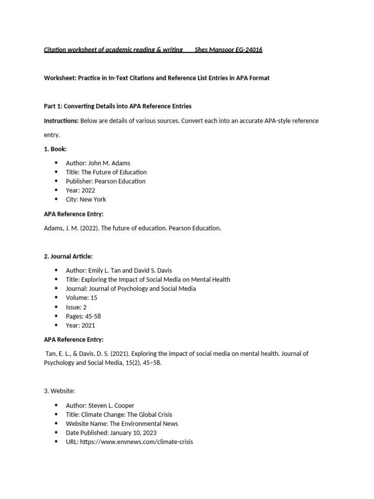 APA Citation Worksheet Guide | PDF | Apa Style | Citation