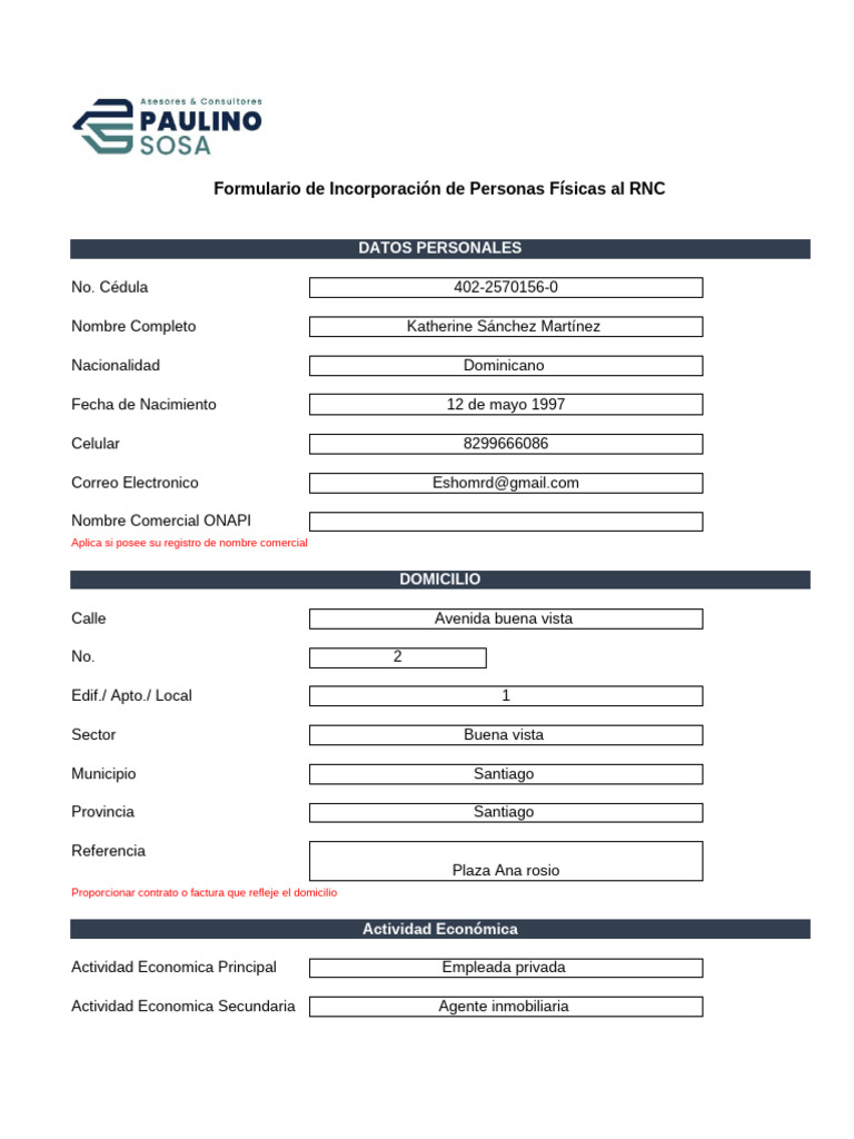 Formulario RNC Personas Físicas | PDF