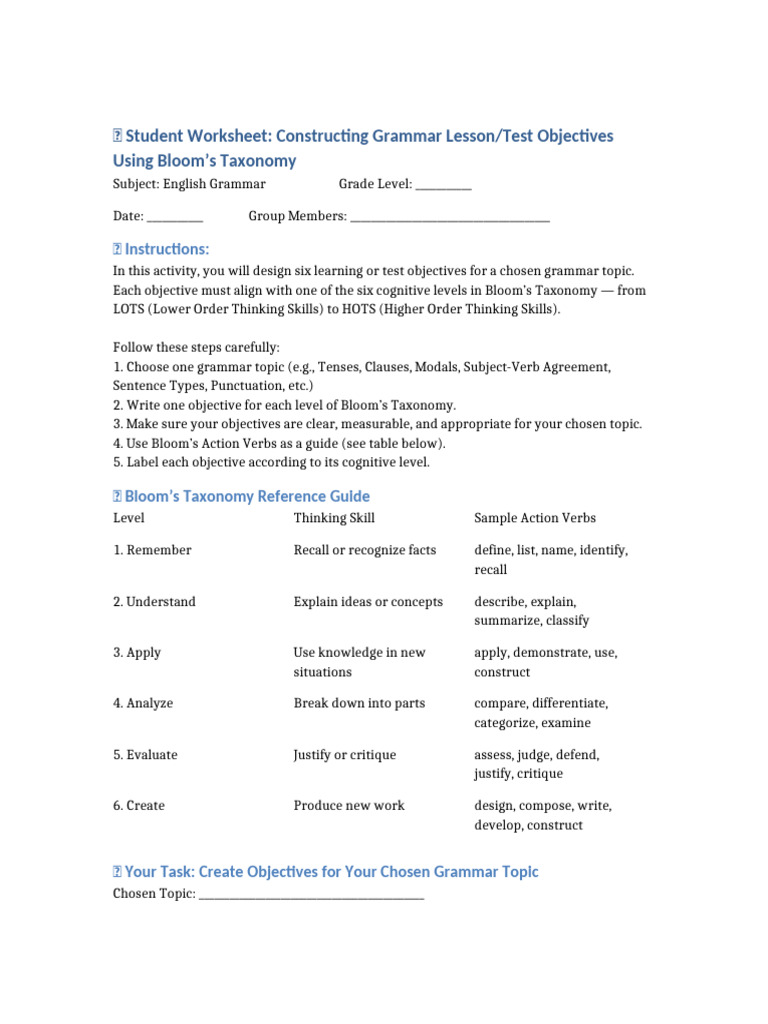 Grammar Objectives Using Bloom's Taxonomy | PDF | Linguistics ...