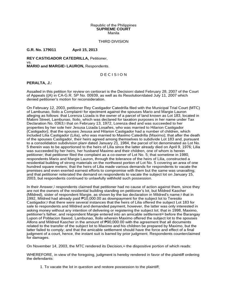 Ejectment Case: Catedrilla vs. Lauron | PDF | Lawsuit | Justice