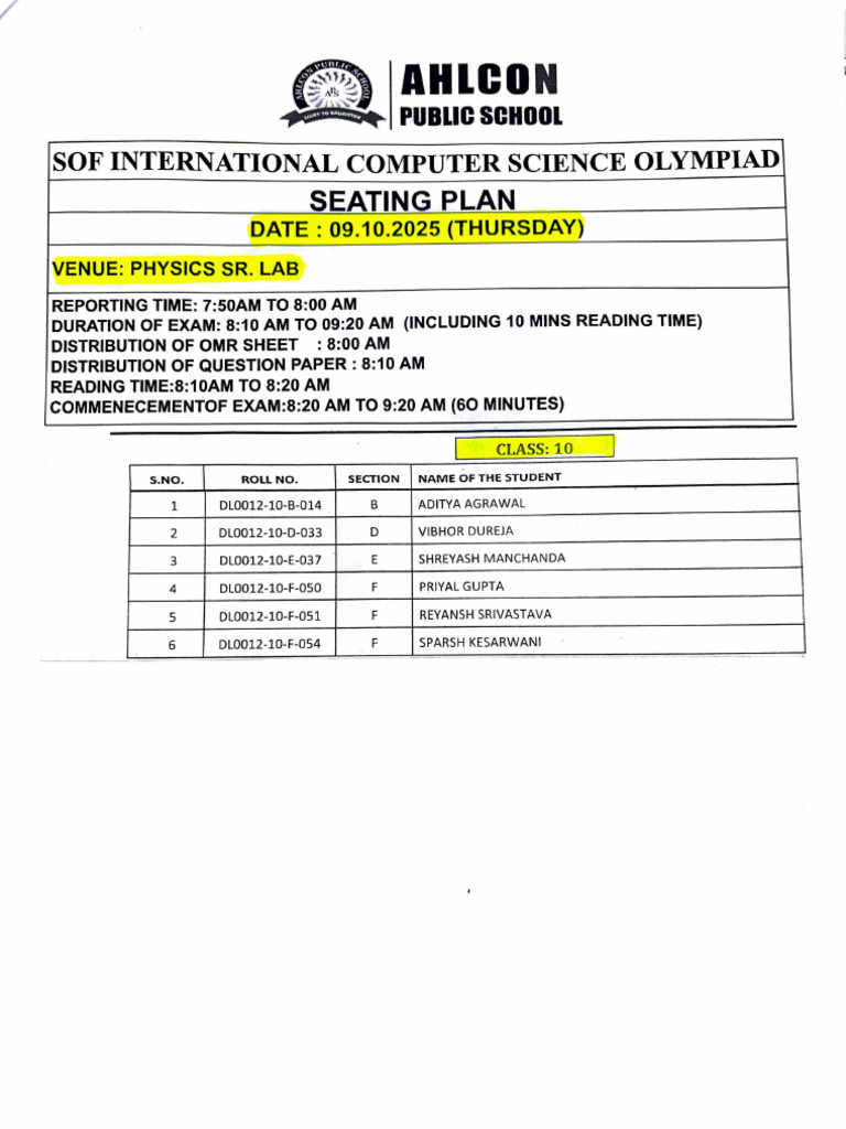 SOF Computer Science Olympiad Seating Plan | PDF