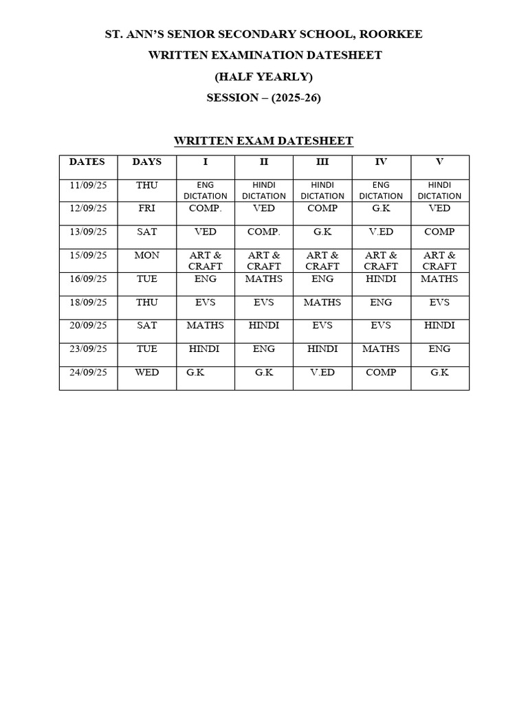 Half Yearly Examination Datesheet | PDF