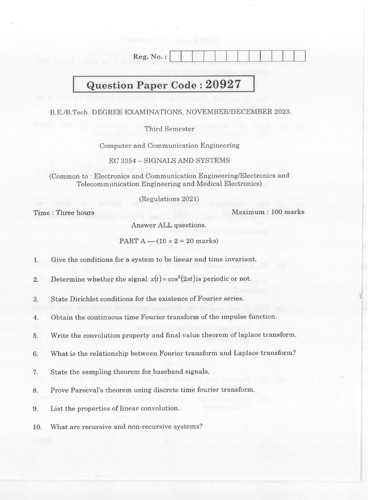 CSE-ND-2023-EC 3354-Signals and Systems-712941141-20927 | PDF