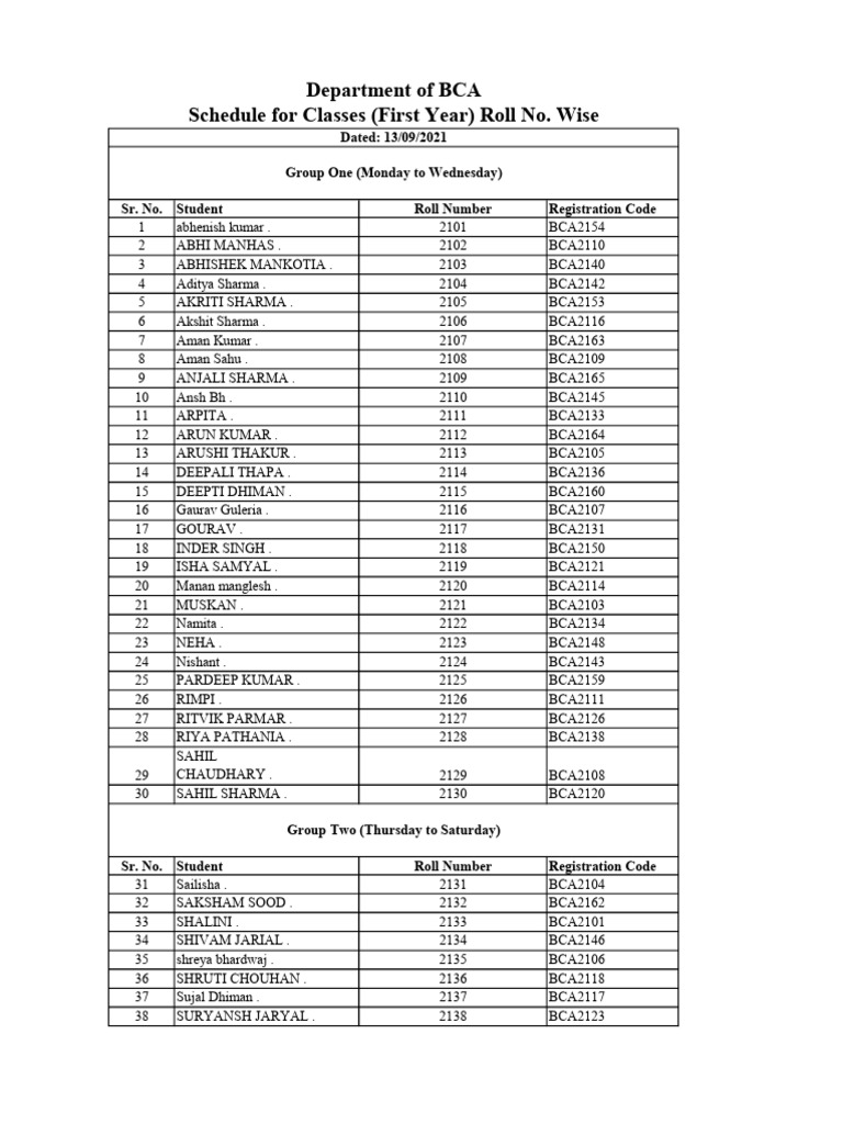 BCA First Year Class Schedule 2021 | PDF