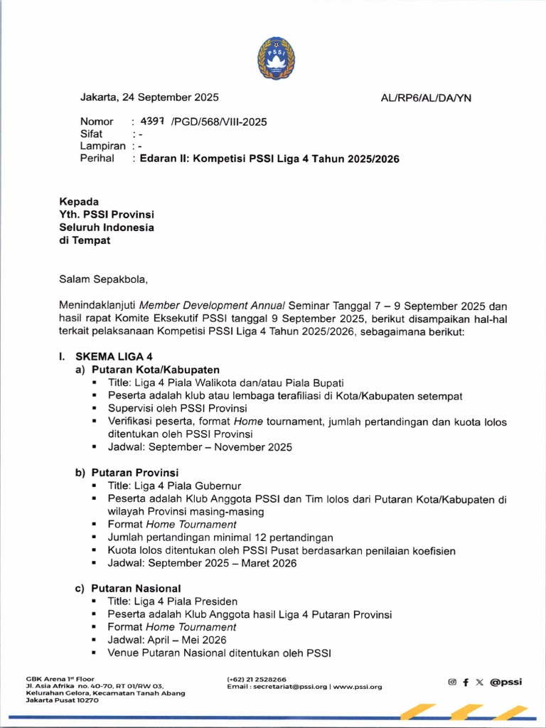 4397PGD568VIII-2025-Edaran II Kompetisi PSSI Liga 4 Tahun 20252026 | PDF