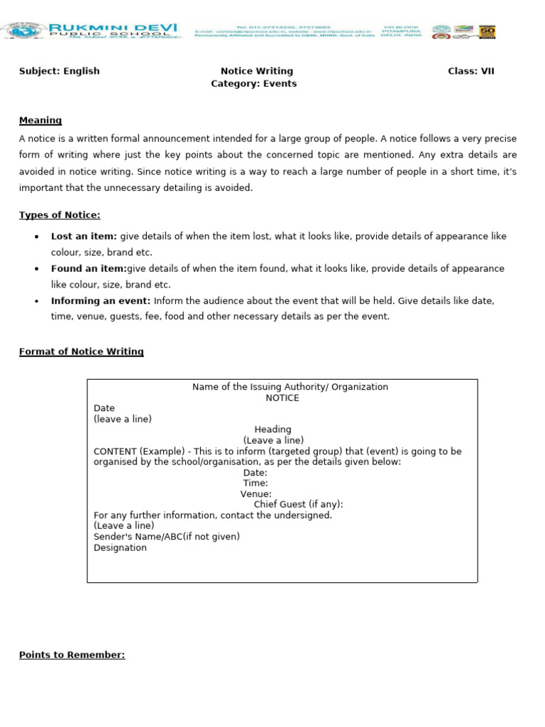Notice Writing Guide for Class VII | PDF