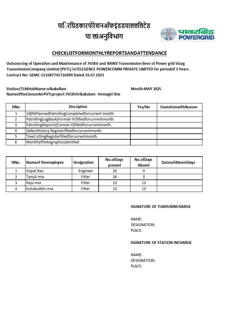 Monthly Report Checklist for Transmission Lines | PDF