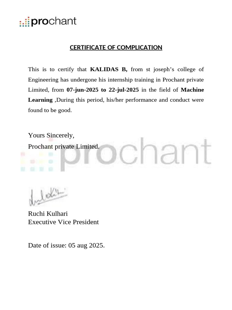 Internship Certificate in Machine Learning | PDF
