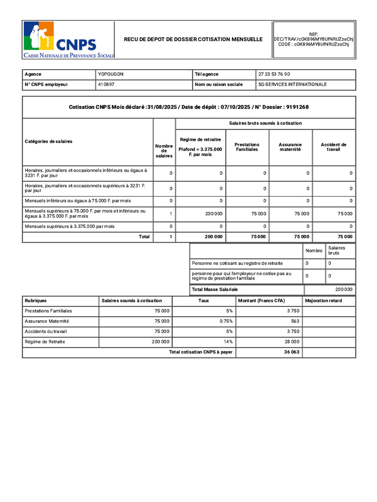 Reçu de Dépôt de Cotisation CNPS 2025 | PDF | Salaires | Retraite