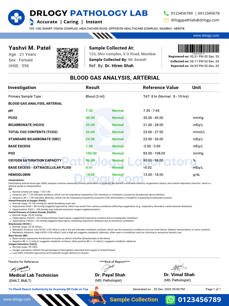Arterial Blood Gas Analysis Report | PDF | Medical Specialties ...