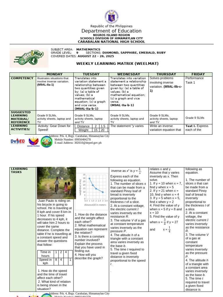 Grade 9 Mathematics Weekly Plan | PDF | Gases | Applied And ...