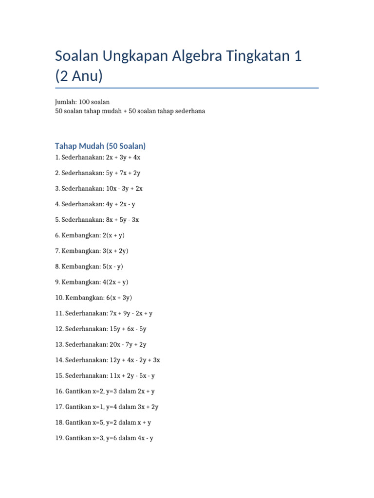 Soalan Ungkapan Algebra Tingkatan1 | PDF