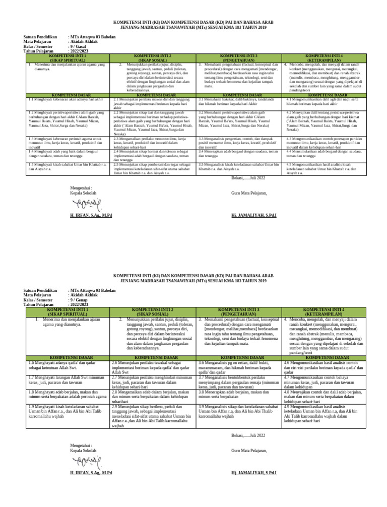 Kompetensi PAI dan Bahasa Arab MTs 2022 | PDF