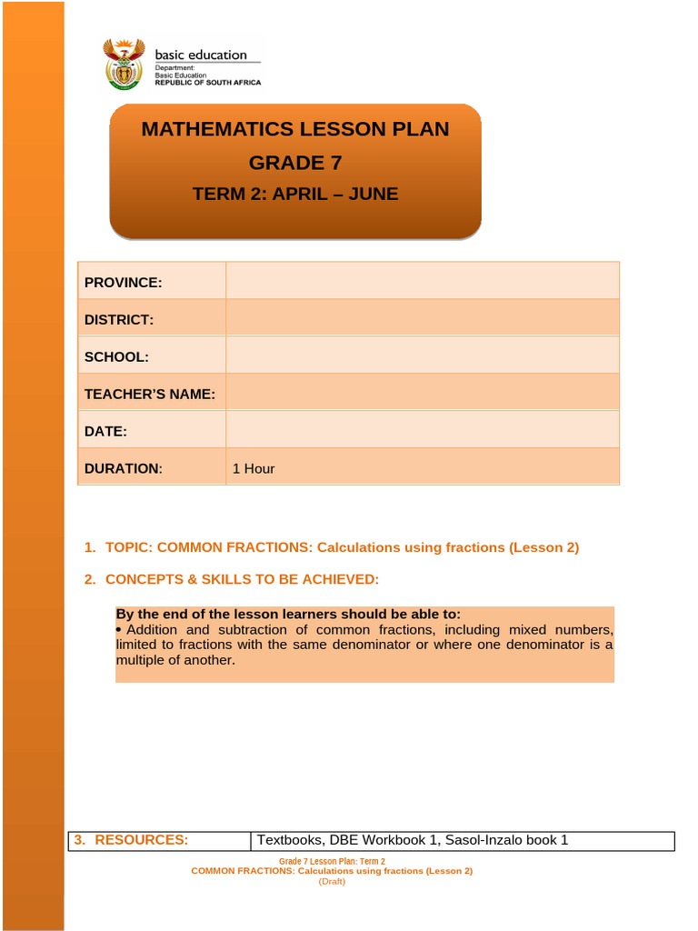 Grade 7 Common Fractions Lesson 2 | PDF | Pedagogy | Teaching