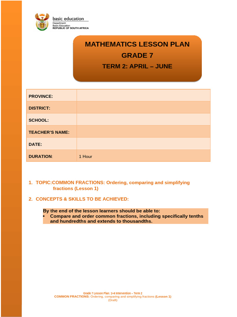 Grade 7 Common Fractions Lesson Plan | PDF | Lesson Plan | Teachers