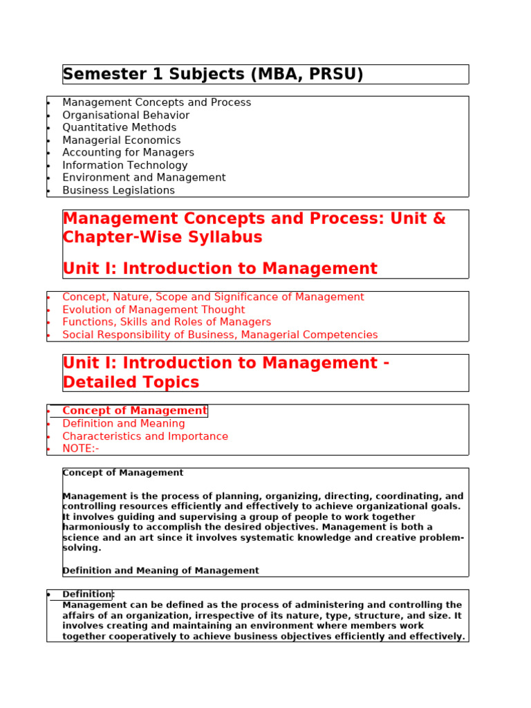 MBA Semester 1 Management Subjects Overview | PDF | Corporate Social ...