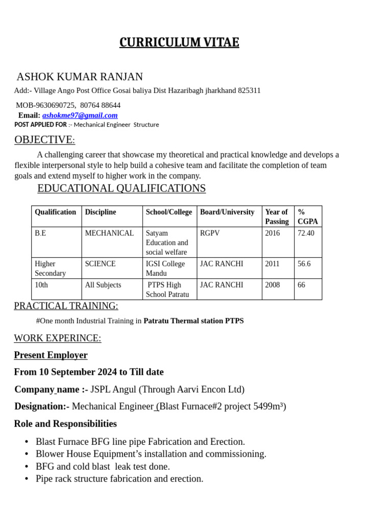 Mechanical Engineer CV - Ashok Ranjan | PDF | Pump
