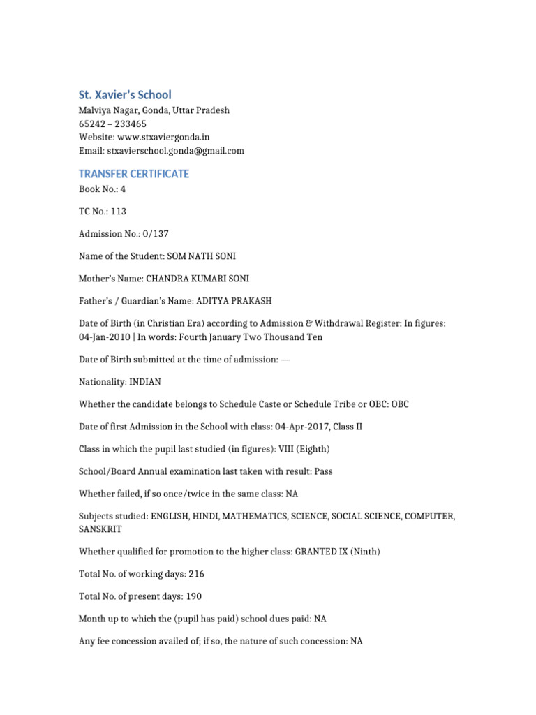 St. Xavier's School Transfer Certificate | PDF