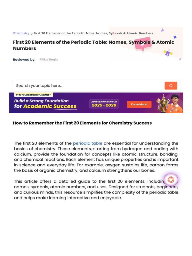 First 20 Elements: Names and Symbols | PDF | Chemical Elements ...