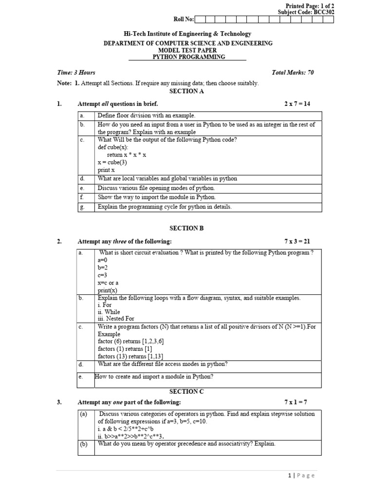 Python Programming Model Test Paper | PDF | Python (Programming ...