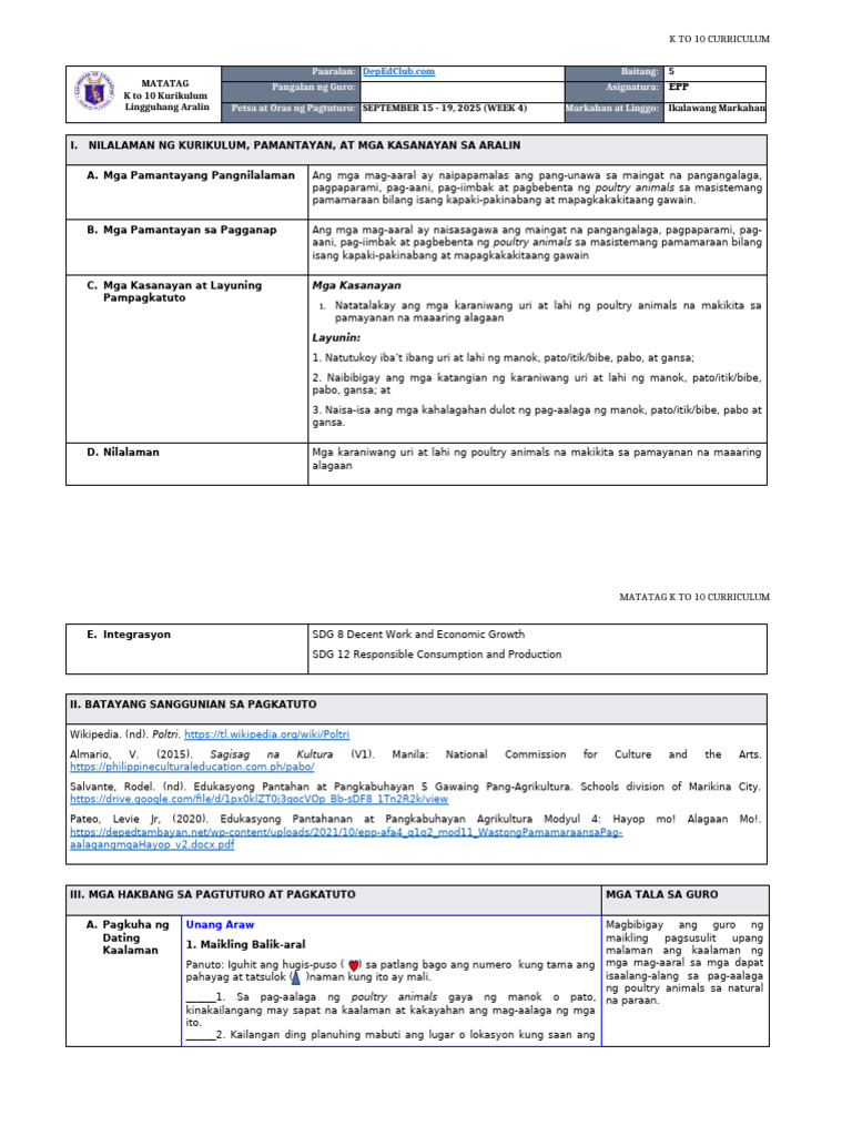 DLL Matatag - Epp 5 q2 w4 | PDF
