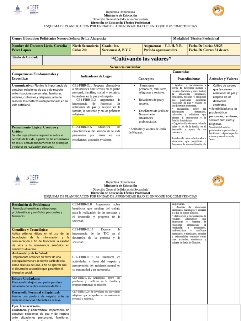 Planificación de Aprendizaje en Valores | PDF | Evaluación | Aprendizaje