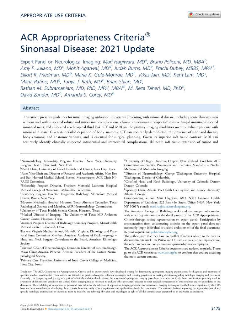 ACR Guidelines for Sinonasal Imaging | PDF | Ct Scan | Medical Imaging