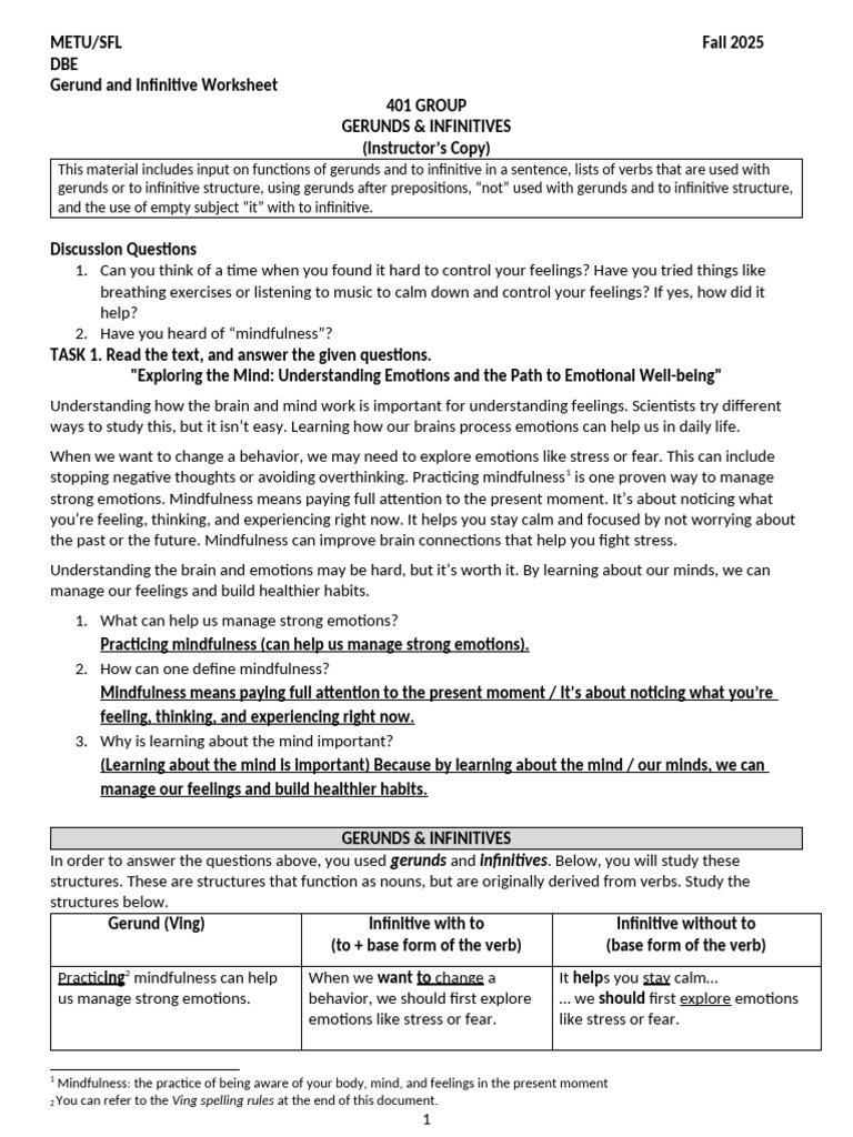 Gerunds and Infinitives Worksheet Guide | PDF | Feeling | Mind