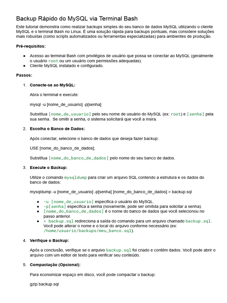 Backup MySQL Rápido pelo Terminal Bash | PDF | Cópia de segurança ...