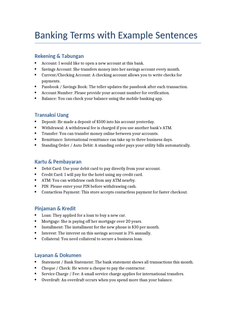 Banking Terms Example Sentences | PDF