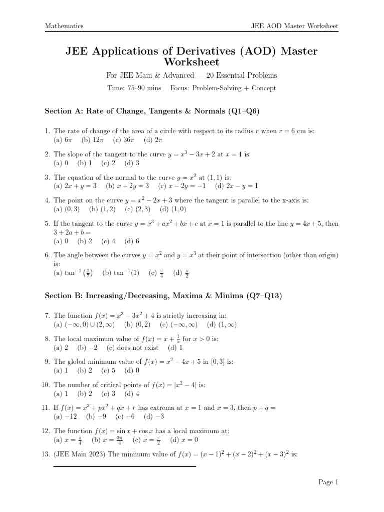 JEE AOD Master Worksheet: 20 Problems | PDF | Tangent | Mathematical ...