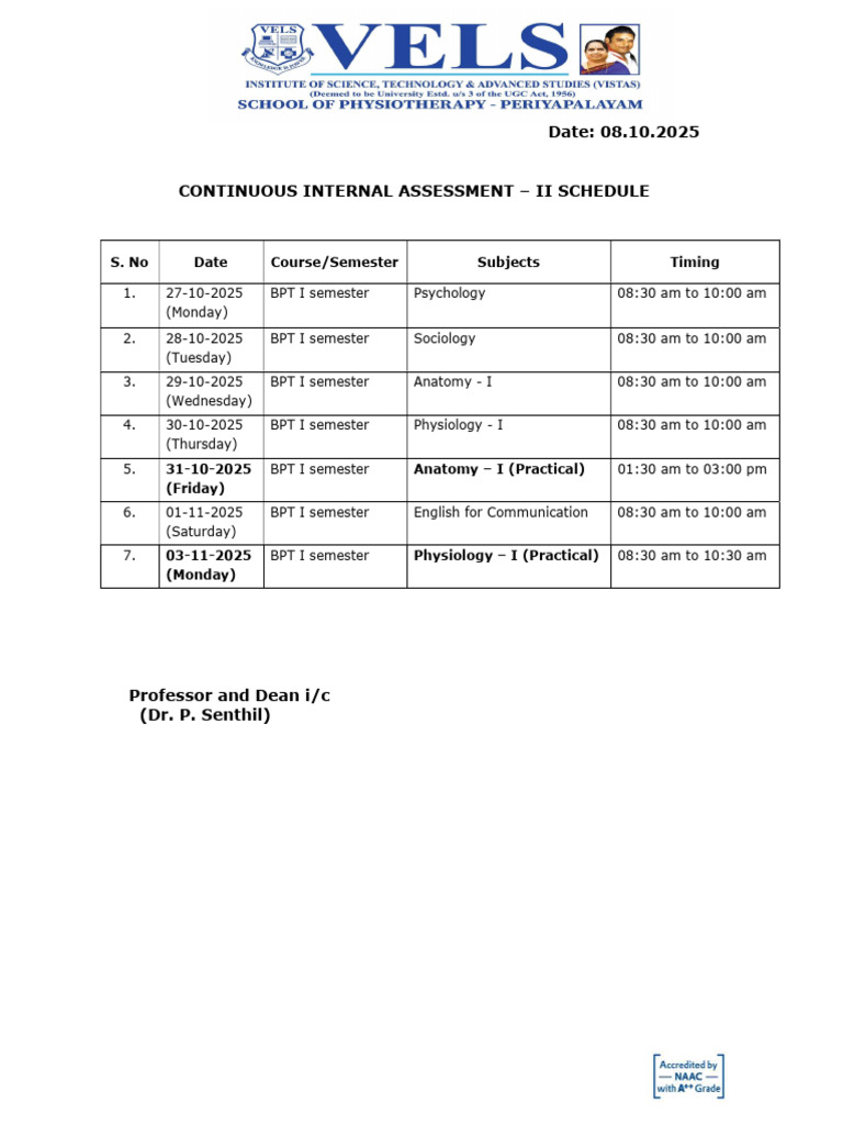 BPT I Semester Internal Assessment Schedule | PDF