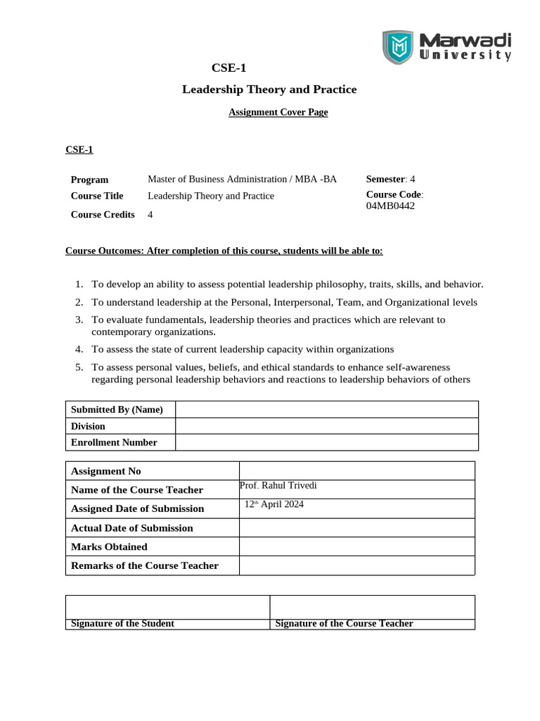 Leadership Theory and Practice MBA Assignment | PDF
