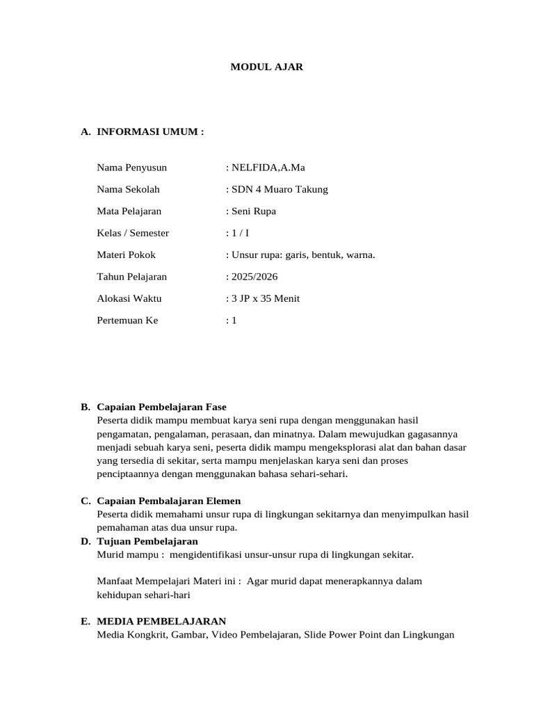 Modul Ajar Seni Rupa Kelas 1 SD | PDF