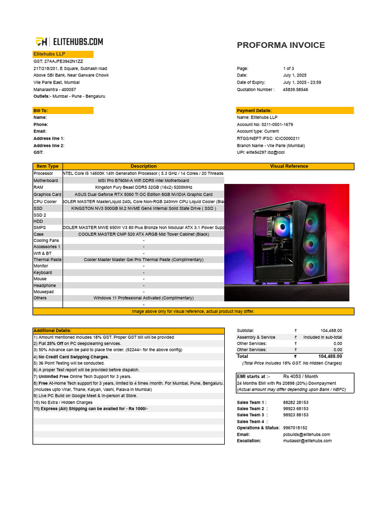 Proforma Invoice for Custom PC Build | PDF | Personal Computers | Fee
