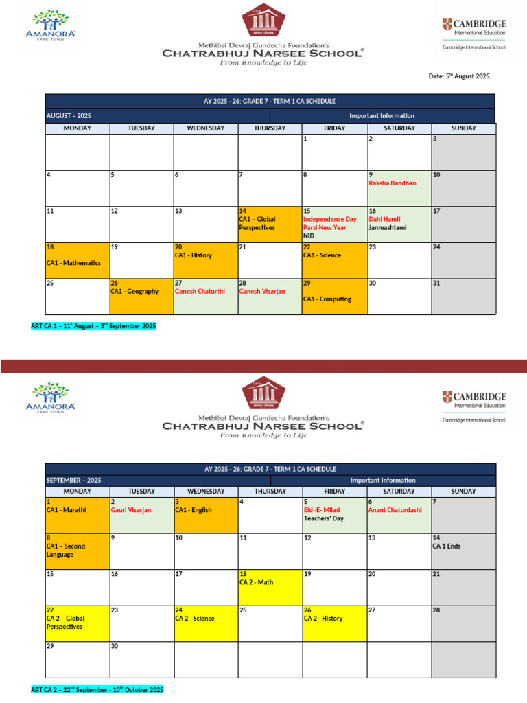 Grade 7 Term 1 CA Schedule 2025 | PDF | Religious Festivals | Religious ...