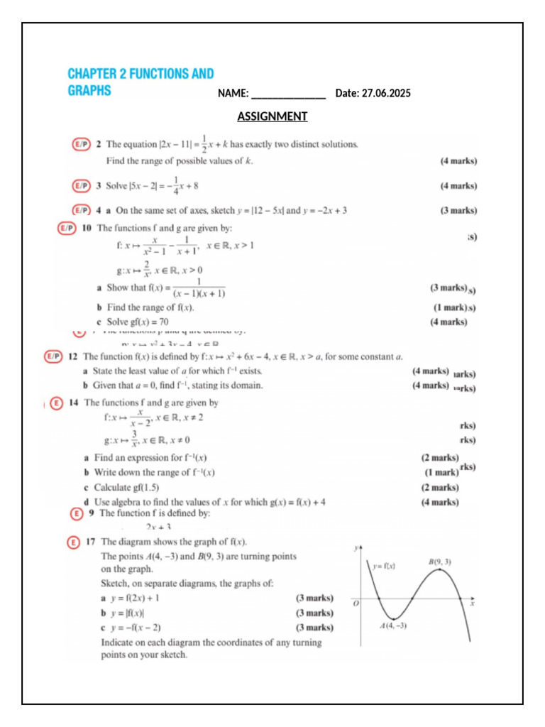 CHP 2 Functions and Graphs ASSINGMENT | PDF