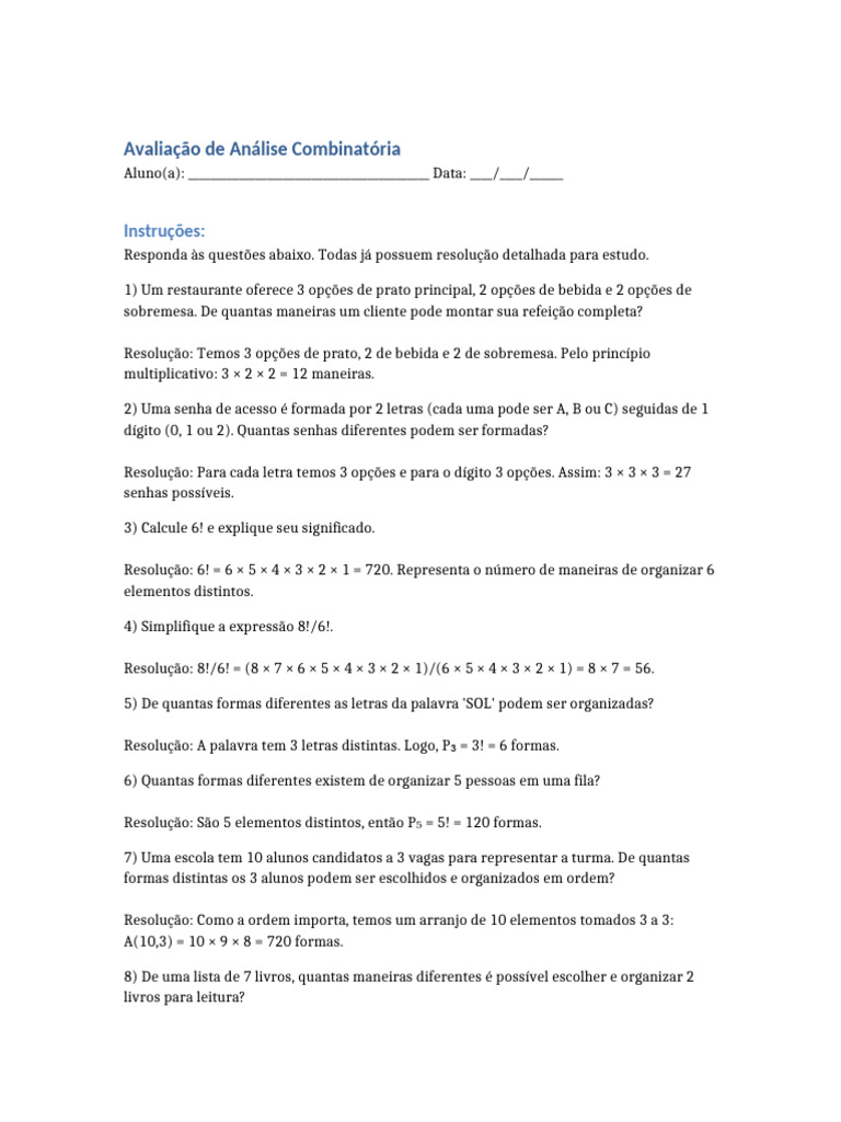 Análise Combinatória: Exercícios e Resoluções | PDF
