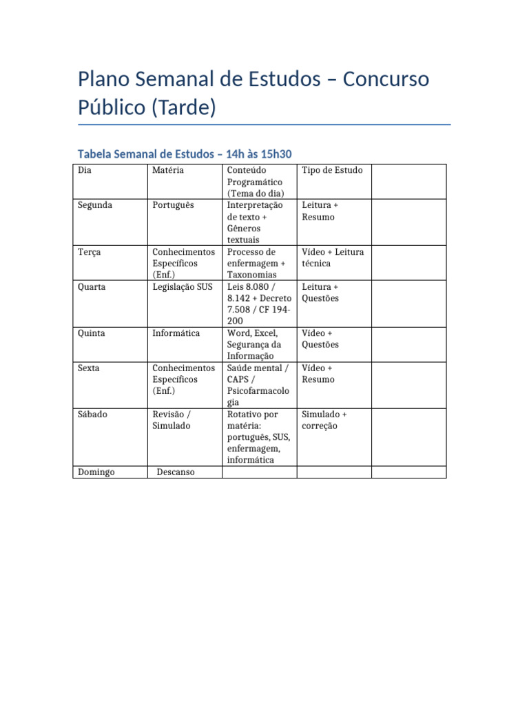 Plano de Estudos para Concursos Tarde | PDF