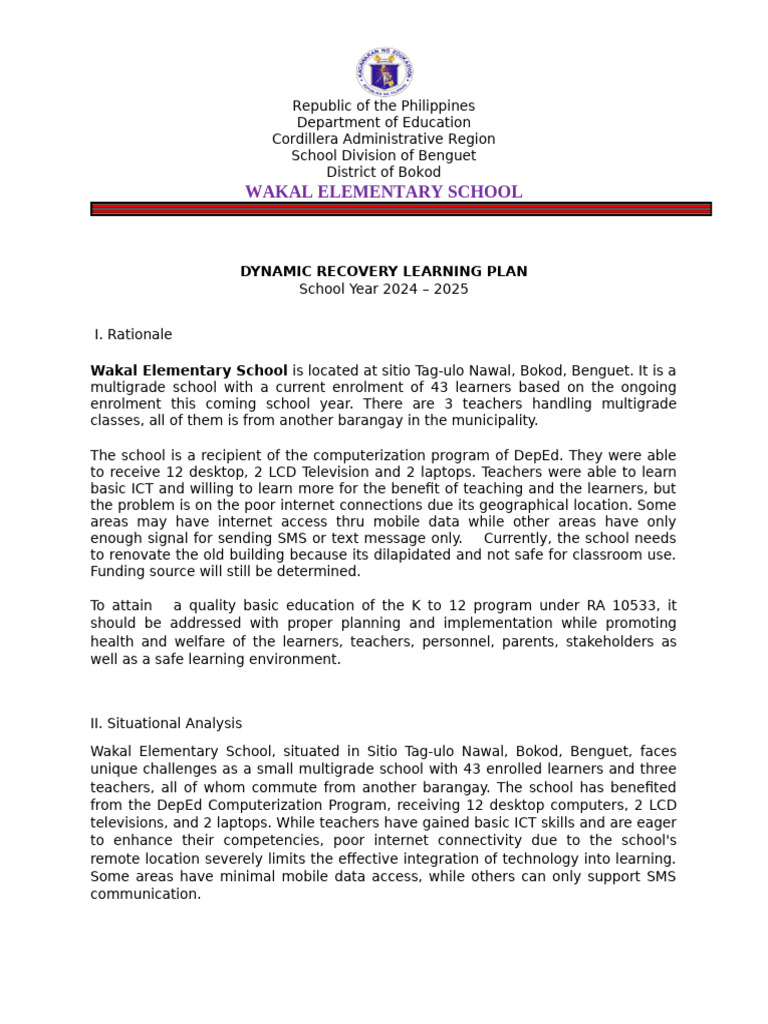 Wakal Elementary School Recovery Plan 2024 | PDF | Learning | Teachers