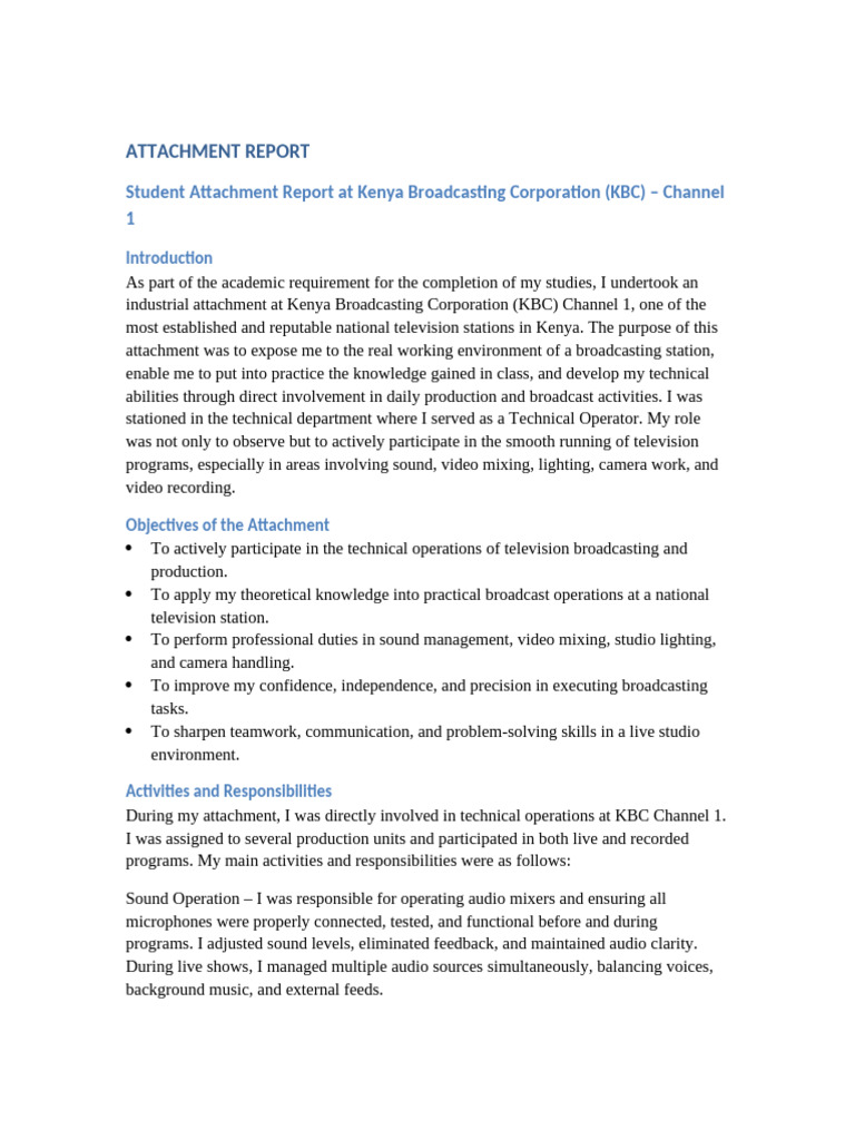 KBC Channel 1 Student Attachment Report | PDF | Camera | Lighting