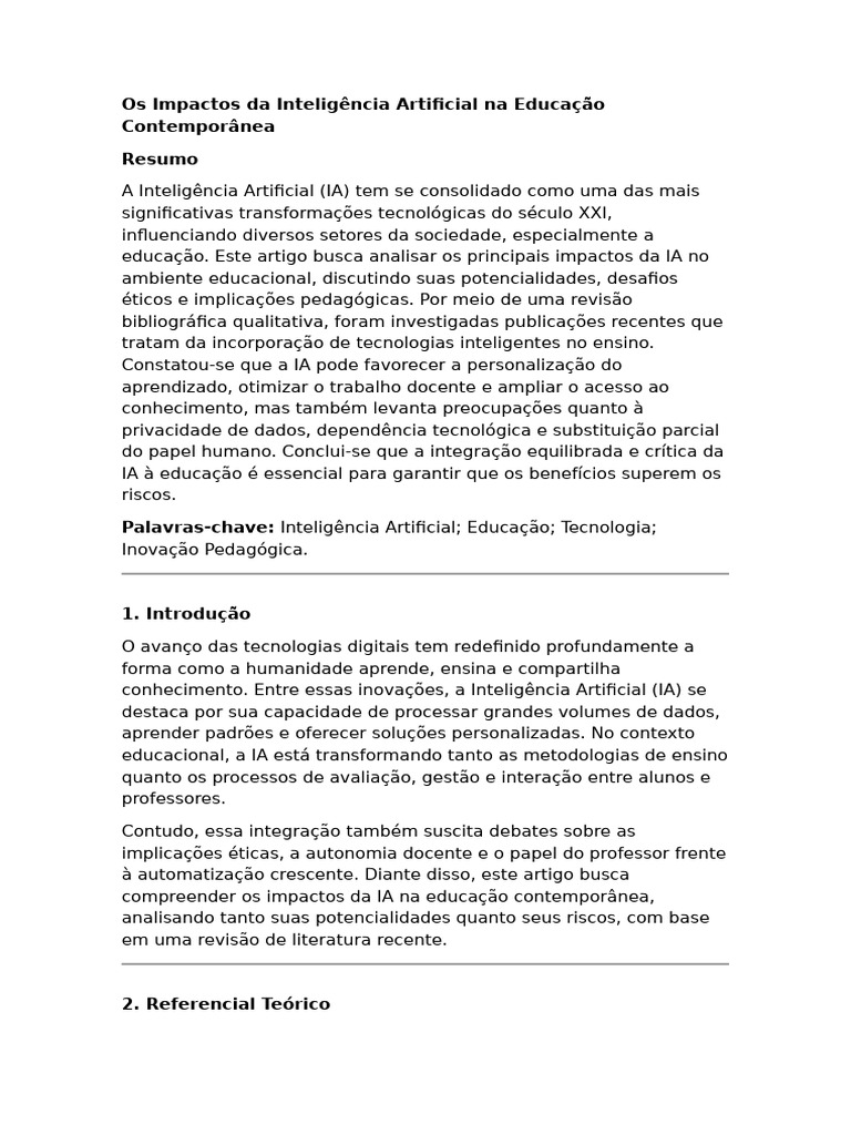 Impactos da IA na Educação Atual | PDF | Inteligência artificial ...