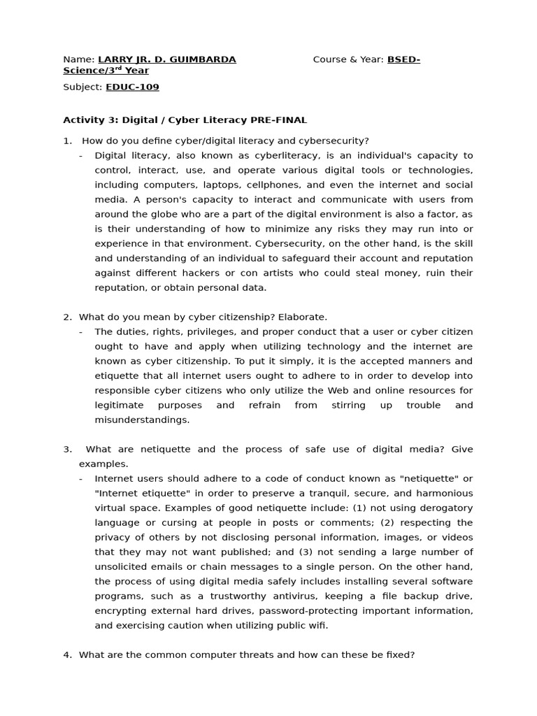 Educ 109 - Activity 3 - Digital or Cyber Literacy PRE-FINAL (Guimbarda ...